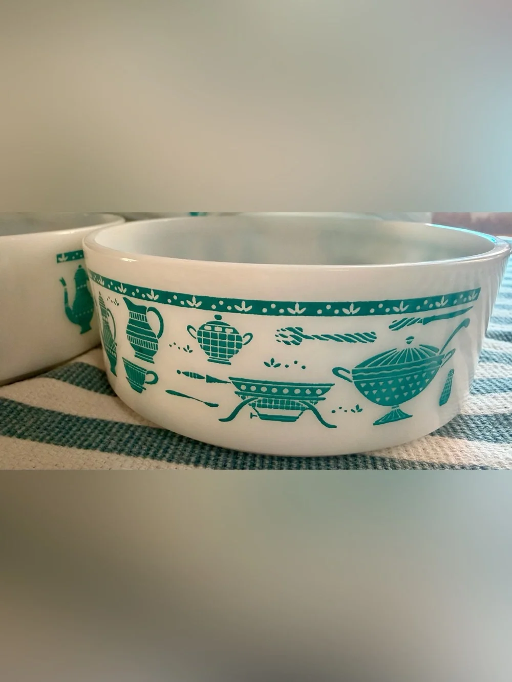 Vintage 1950s Hazel Atlas Kitchen Aids Milk Glass Turquoise Teal Set of 4 Bowls